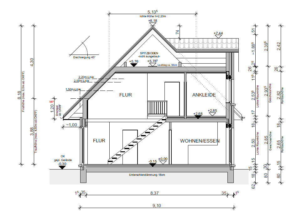 Schnittzeichnung eines Hauses mit Dachgeschoss; Flur, Ankleide, Wohnen/Essen.