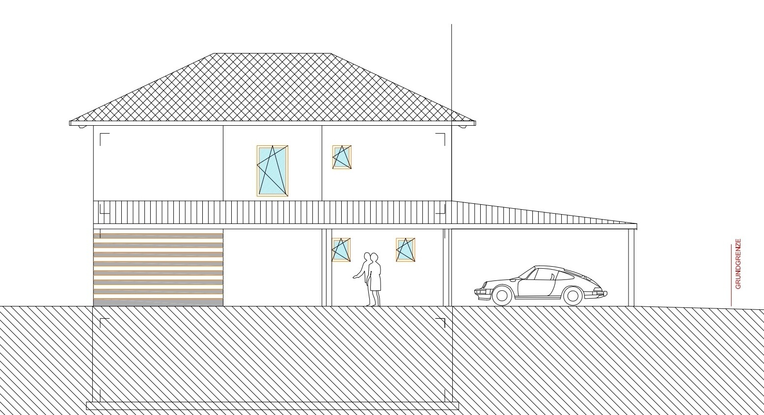 Zweistöckiges Haus mit Ziegeldach, Balkon, Garage mit Auto; zwei Personen stehen am Eingang.