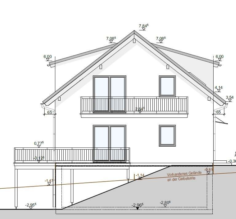 Architekturzeichnung: zweigeschossiges Haus mit Satteldach, Balkonen und Hanggelände.