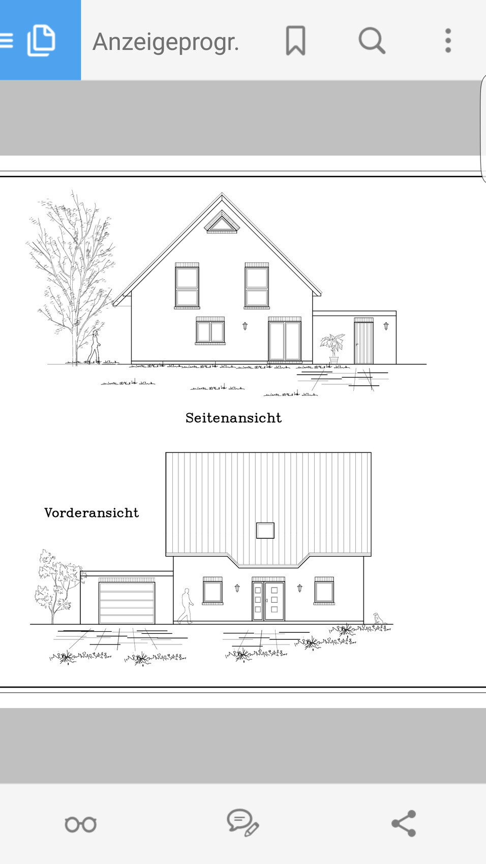 Schwarz-weißes Architekten-Blueprint eines Hauses mit Giebel, Baum sowie Front- und Seitenansicht.