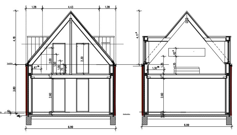 Architekturzeichnung: Haus-Schnitte mit Dachstuhl, Innenaufbau und Maßangaben.