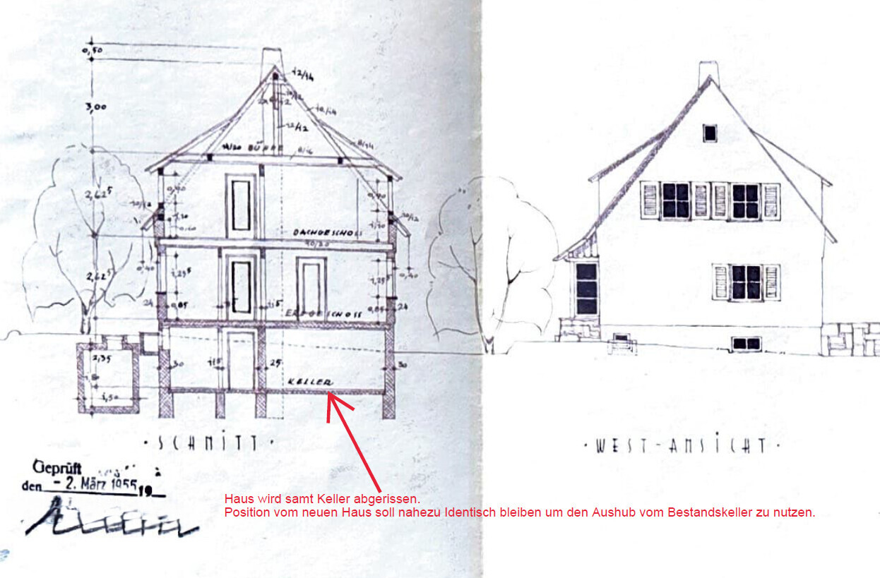 Architektonische Zeichnung eines Hauses mit Keller; Schnitt- und Westansicht.