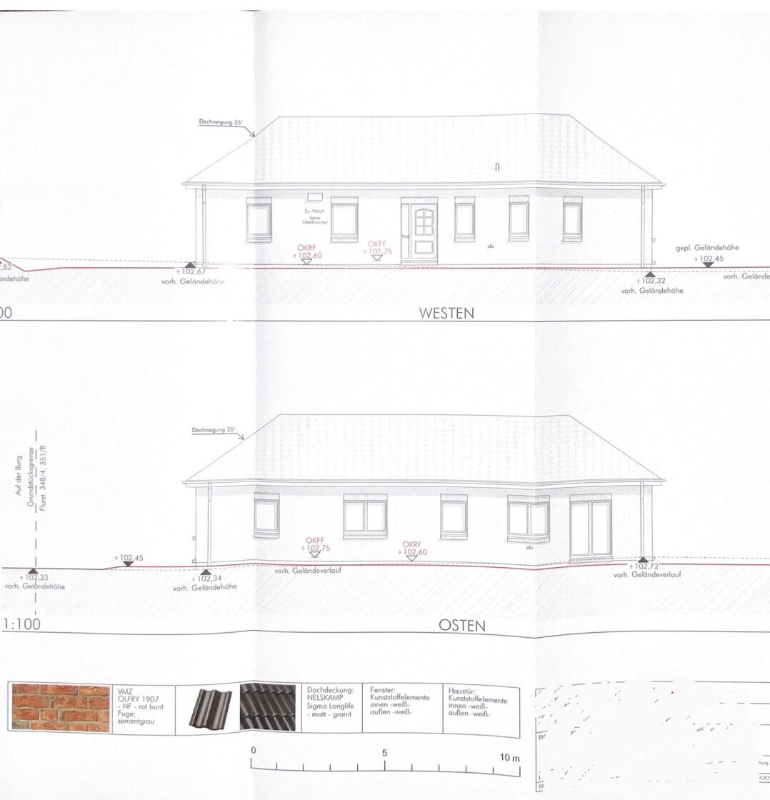 Architekturzeichnung: West- und Ostansicht eines eingeschossigen Hauses mit Satteldach und Maßlinien.