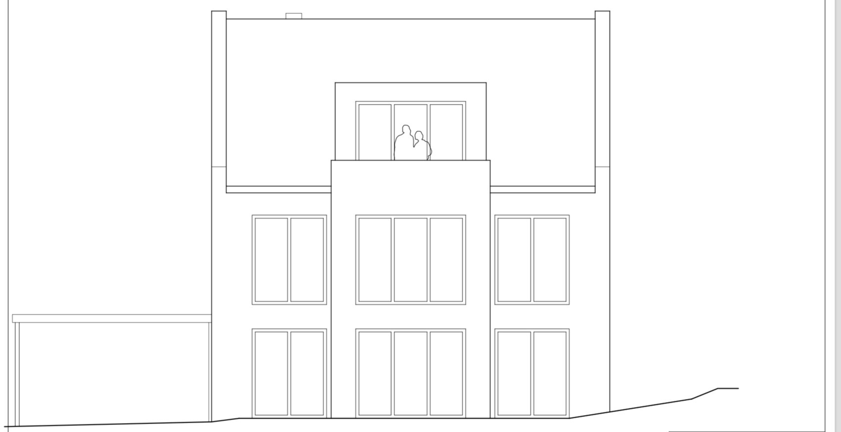 Zweistöckiges Wohngebäude mit großen Fensterfronten; obere Terrasse mit zwei Personen.