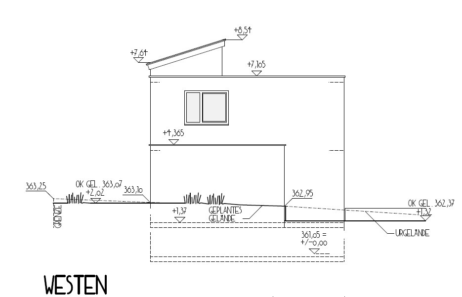 Seitenansicht eines Hauses mit schrägem Dach, Fenster, Geländegrenze, Westen.