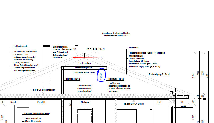 Schnittzeichnung eines Hauses mit Dachboden, Dachkonstruktion und Beschriftungen