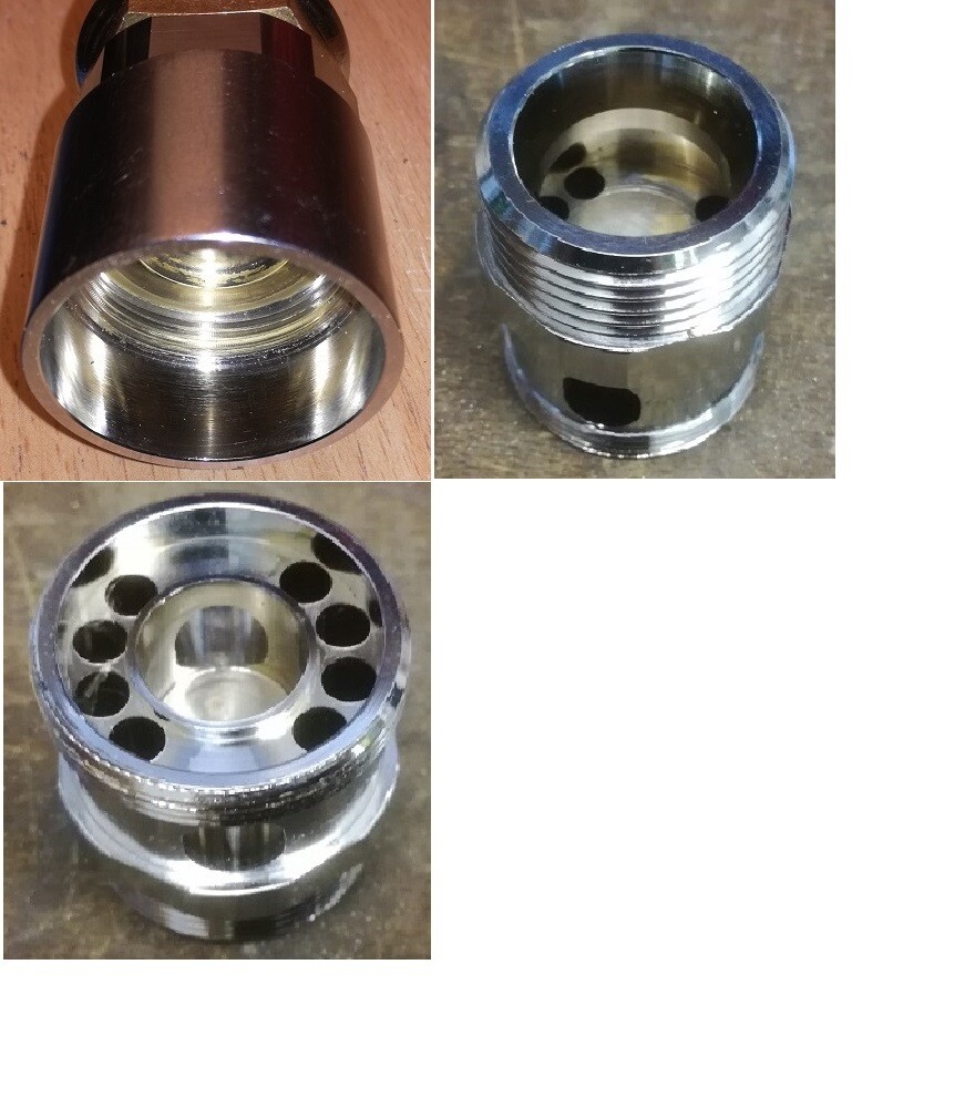 Drei Ansichten einer metallischen Armaturenkartusche mit Gewinde und Löchern