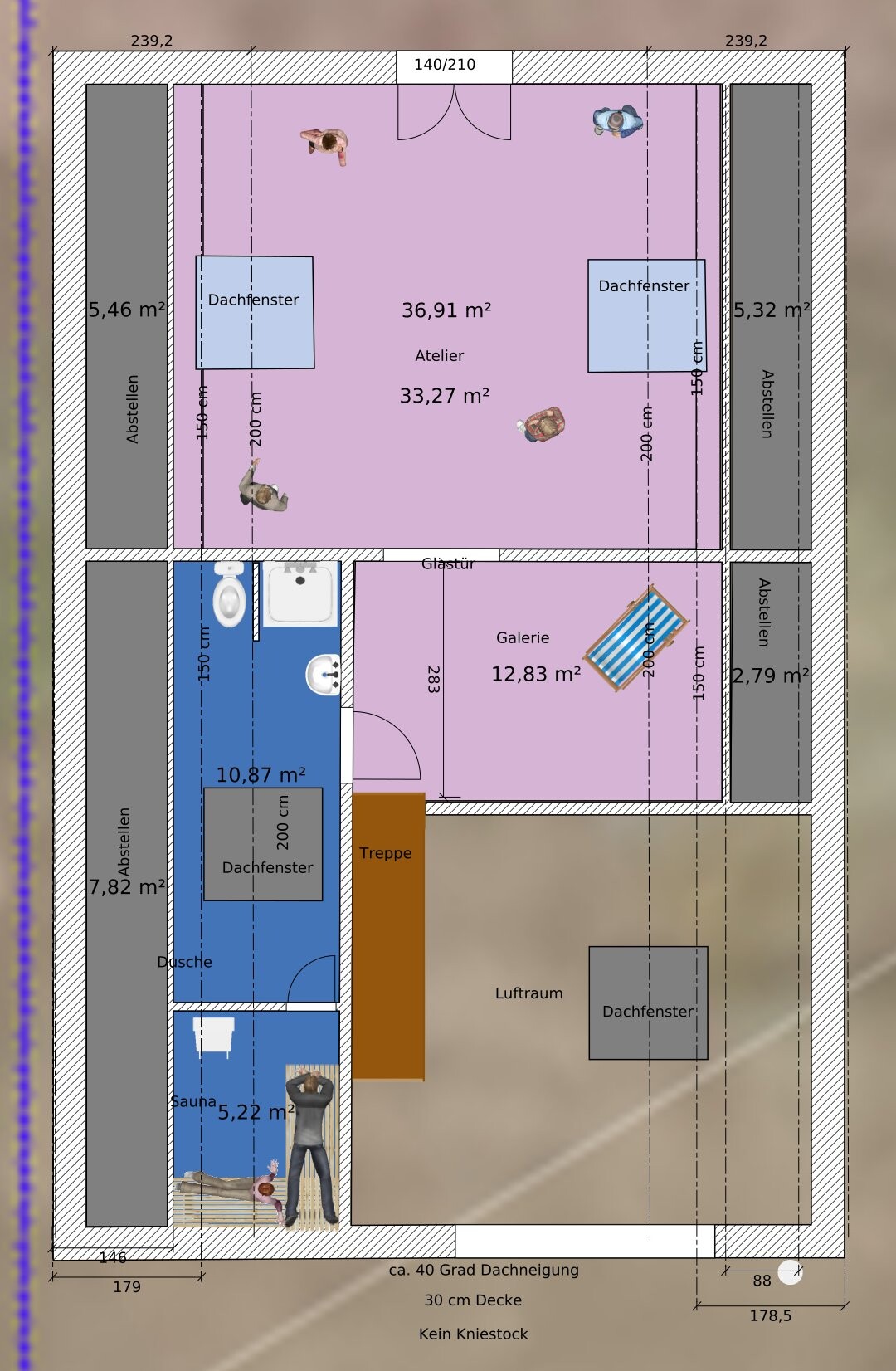 Grundriss Dachgeschoss: Atelier, Galerie, Treppe, Luftraum, Bad; Dachfenster.