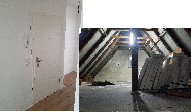 Baustelle im Dachgeschoss mit Dachstuhl, Holzbalken und Baumaterialien neben einer Innenraumtür.