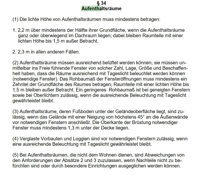 Dokumententext zu Aufenthaltsräumen: Mindesthöhe, Belüftung gemäß §34
