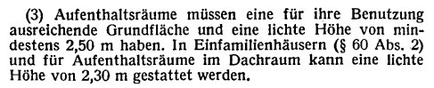 Textausschnitt einer Bauvorschrift über Aufenthaltsräume, Grundfläche und lichte Höhe.