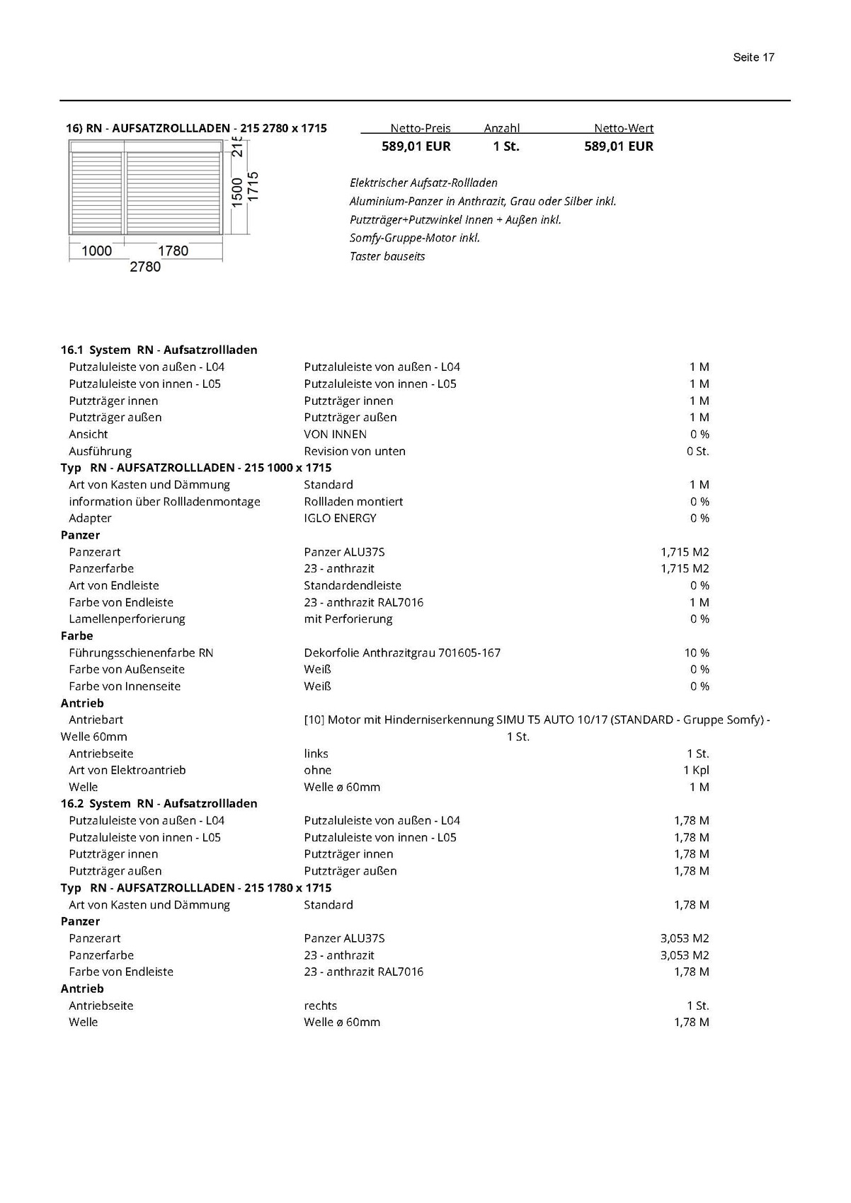 Technische Zeichnung eines Aufsatzrollladens mit Maßangaben und Bauteilen.