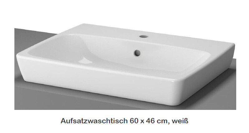 Weißer rechteckiger Aufsatzwaschtisch, 60×46 cm, auf grauer Oberfläche.