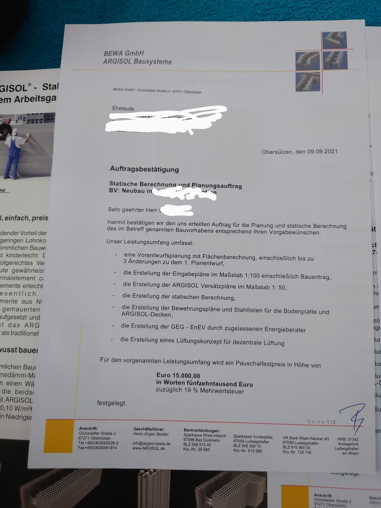 Dokument mit Auftragsbestätigung für ein Bauvorhaben von BEWA/ARGISOL, Datum 09.09.2021.