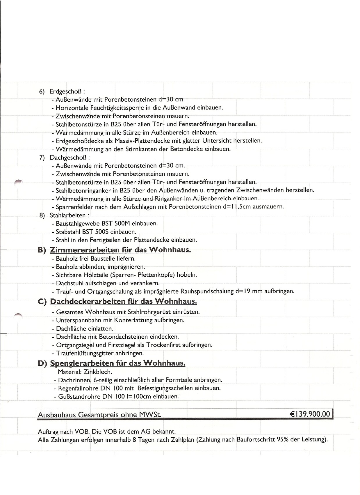 Detailseite eines Bauleistungsplans mit Bauarbeitenliste und Preisen.