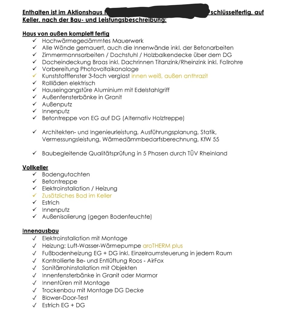 Checkliste zum Bauprojekt: Außen fertig, Vollkeller, Innenausbau, Sanitär, Heizung, Qualität.