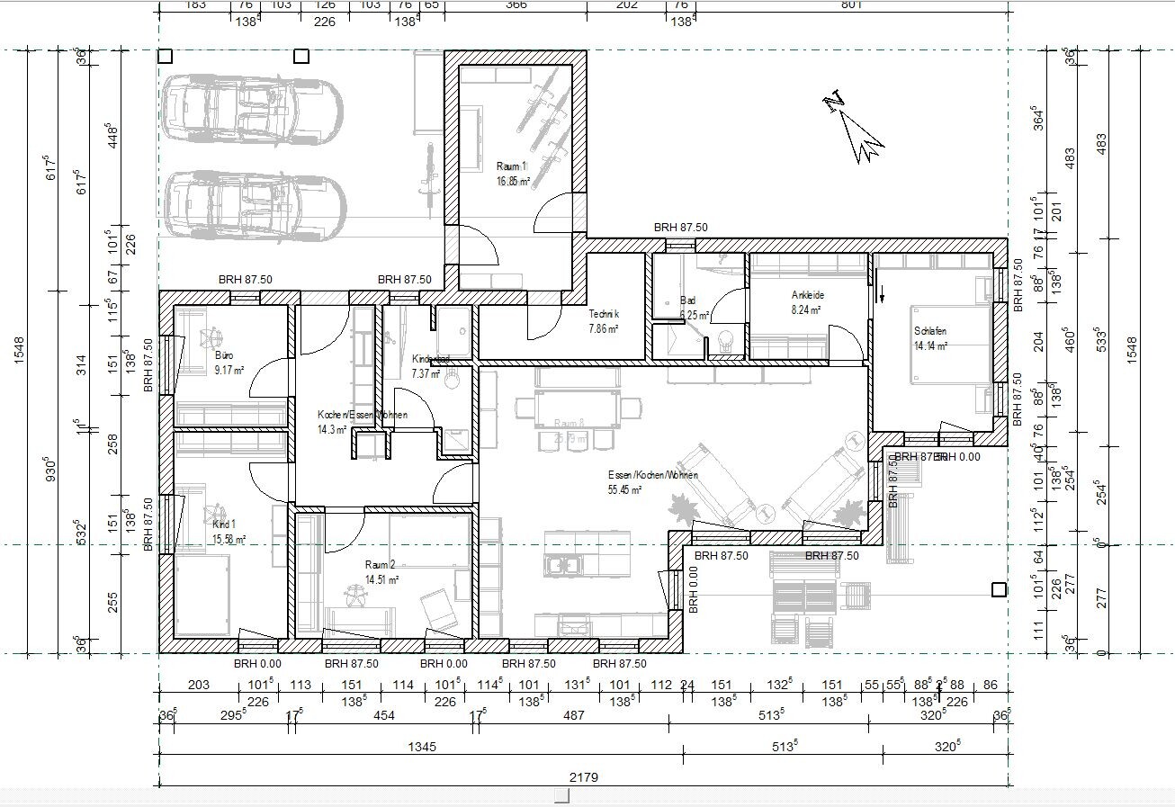 Grundriss eines Einfamilienhauses mit Doppelgarage, Wohnzimmer, Essen, Küche, Schlafzimmer, Büro.