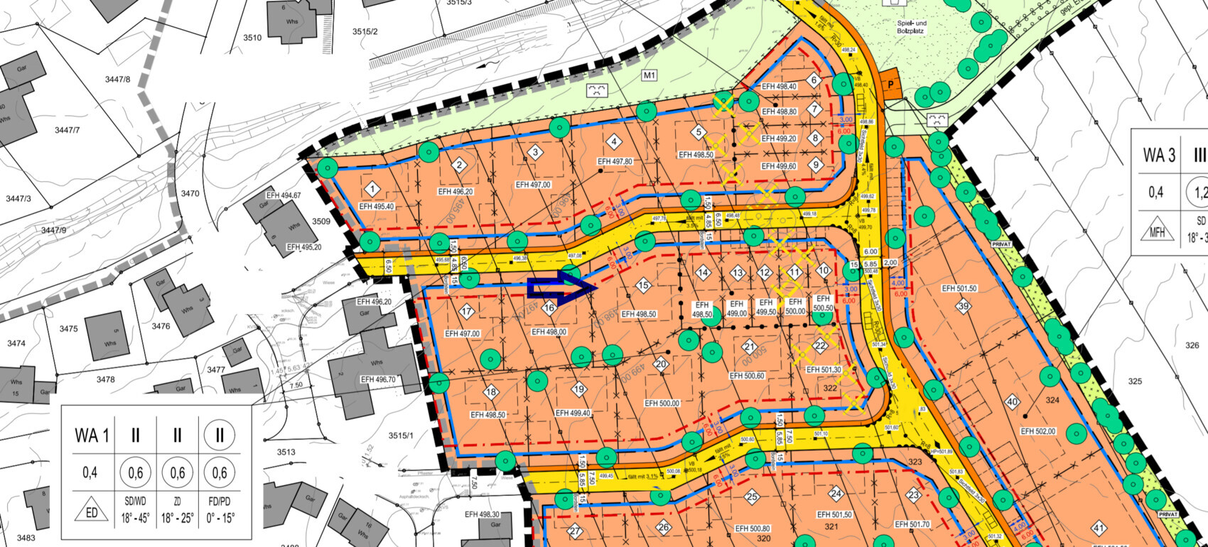 Lageplan eines Baugebiets mit farbigen Zonen, Straßen, Grünflächen, Bäumen und Legende.