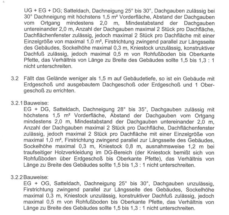 Ausschnitt aus Bauvorschriften mit Regelungen zu Dachgauben, Abständen und Maßen.