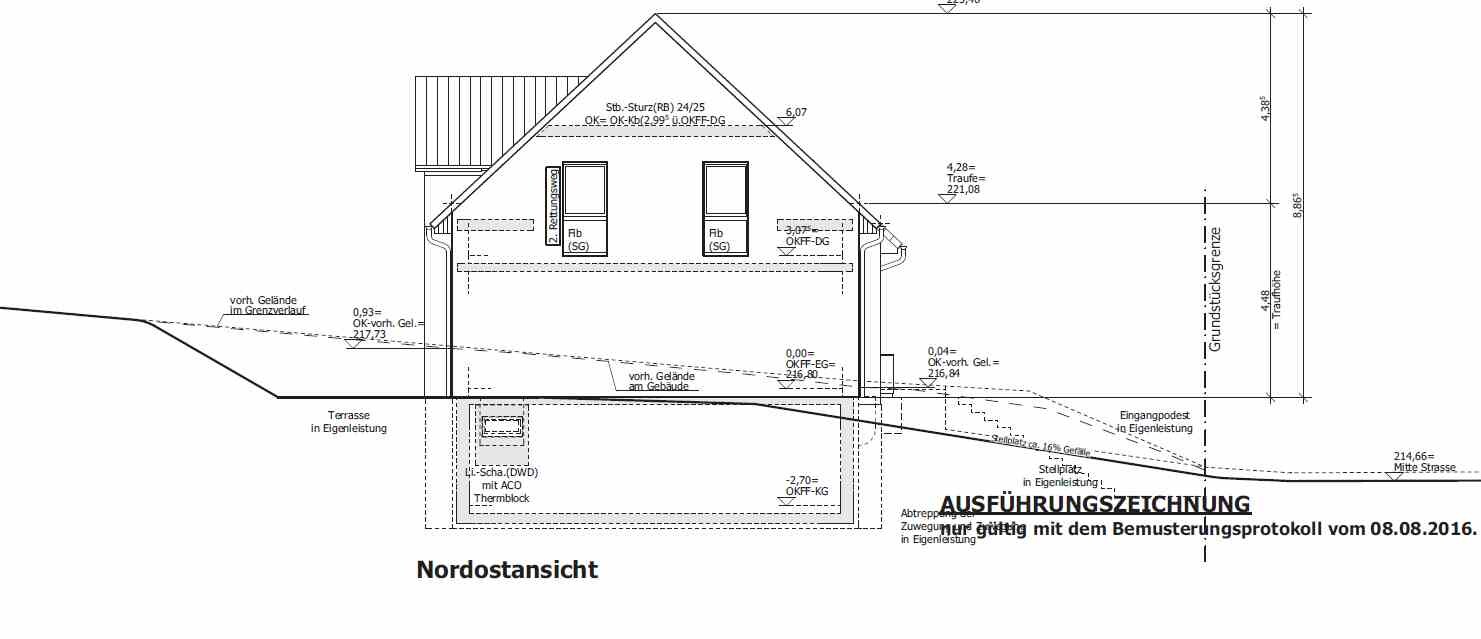 Architektenzeichnung eines Hauses: Nordostansicht mit Grundriss- und Schnittdetails