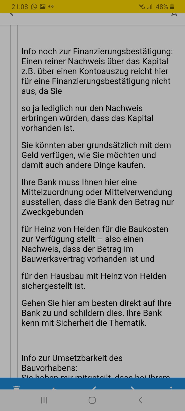 Textabschnitt über Finanzierungsbestätigung, Kapitalnachweis und Mittelverwendung.