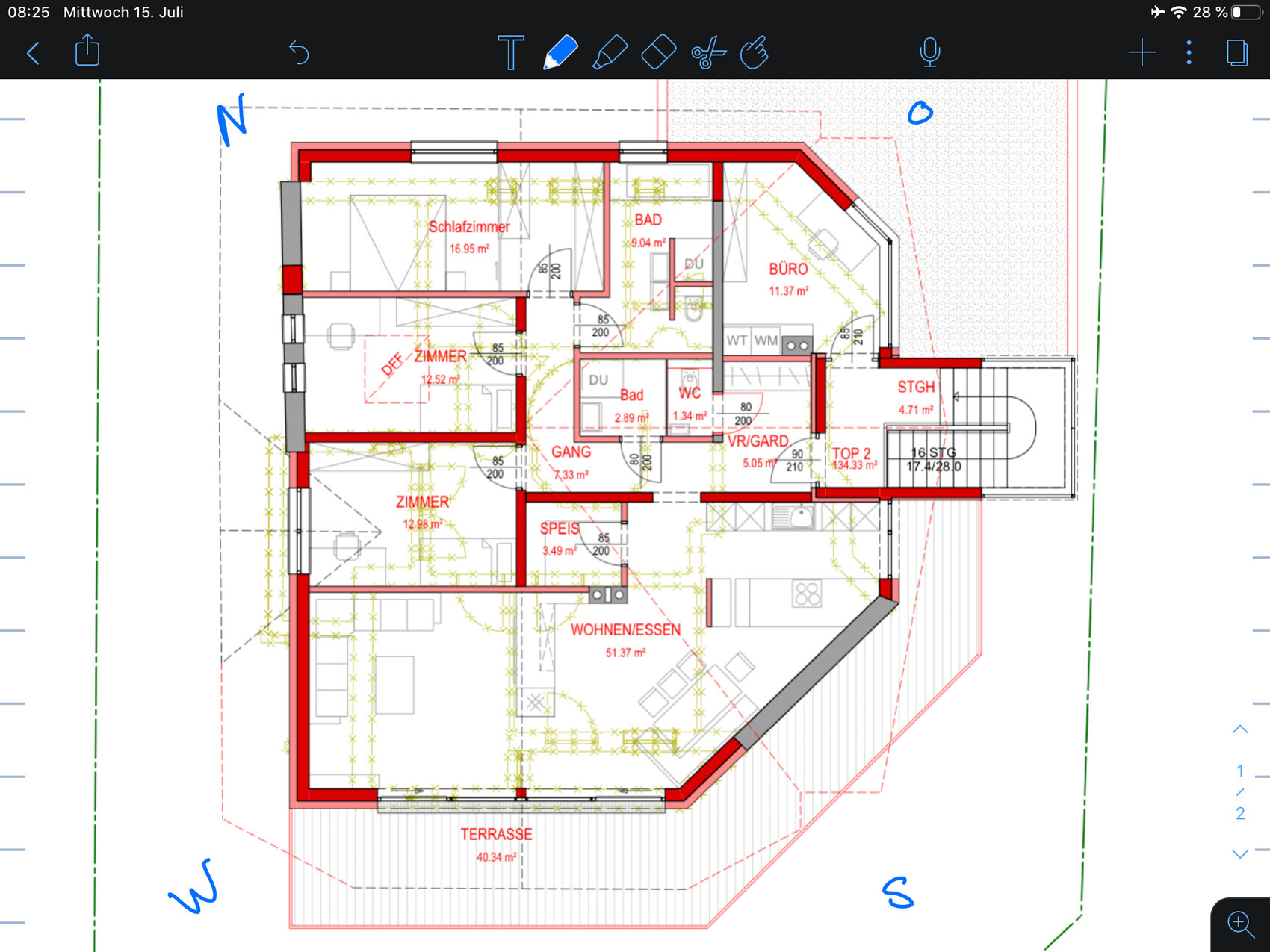 Grundriss eines Hauses mit Terrasse, Küche, Wohnen/Essen, Schlafzimmer, Büro.