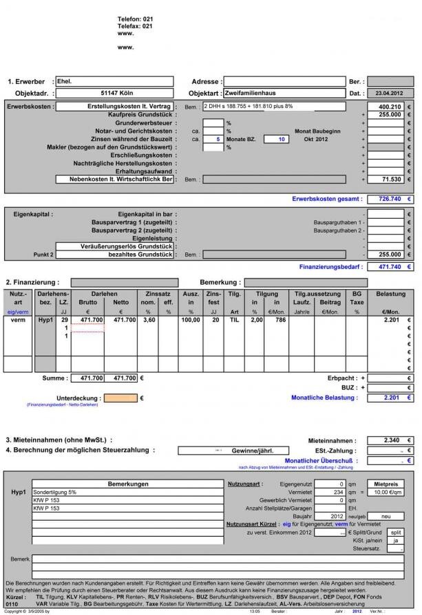 Schwarz-weißes Formular mit Feldern zu Erwerber, Objekt und Finanzierung