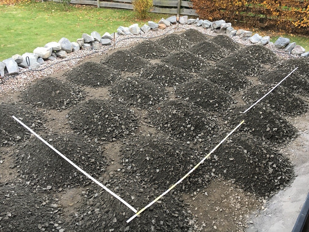 Großer kreisförmiger Erdaushub im Garten mit Steinrand, lose Erde und Messlatten zur Vermessung.