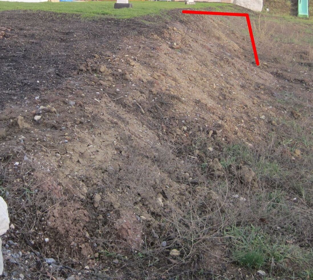 Böschung mit losem Erdreich, Steinen und Gras; roter L-Marker markiert die Oberkante.
