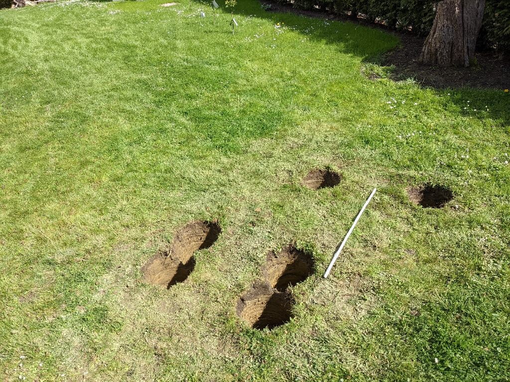 Rasenfläche mit mehreren offenen Erdlöchern; ein weißer Messstab liegt auf dem Rasen.
