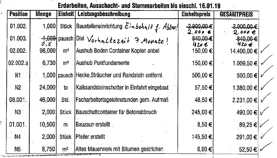 Baukostenvoranschlag: Tabelle zu Erdarbeiten/Ausschachtarbeiten, Positionen, Mengen, Preise.