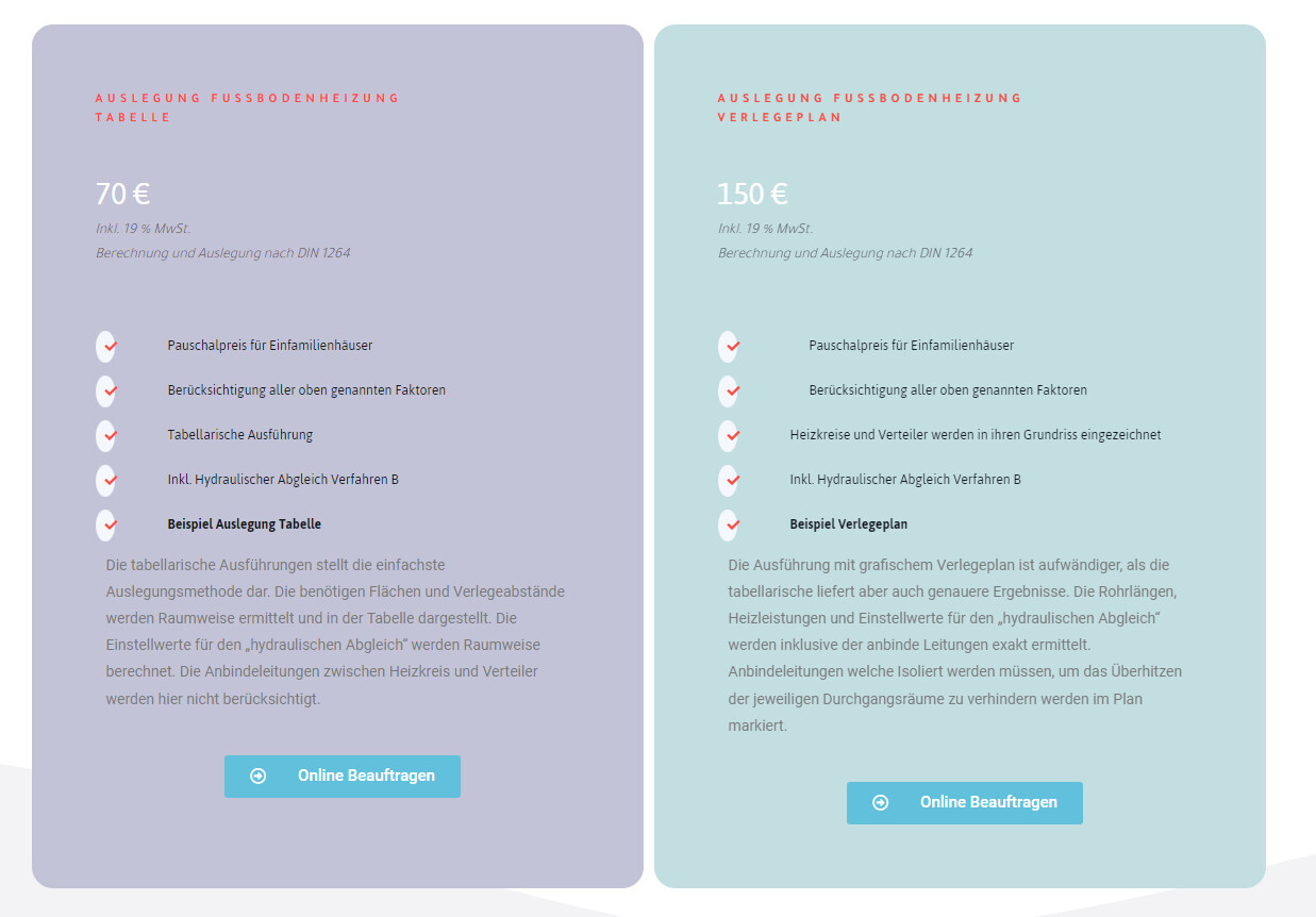 Zwei Preispläne für Fußbodenheizung: links 70 €, rechts 150 €, Checklisten, Online-Beauftragen.