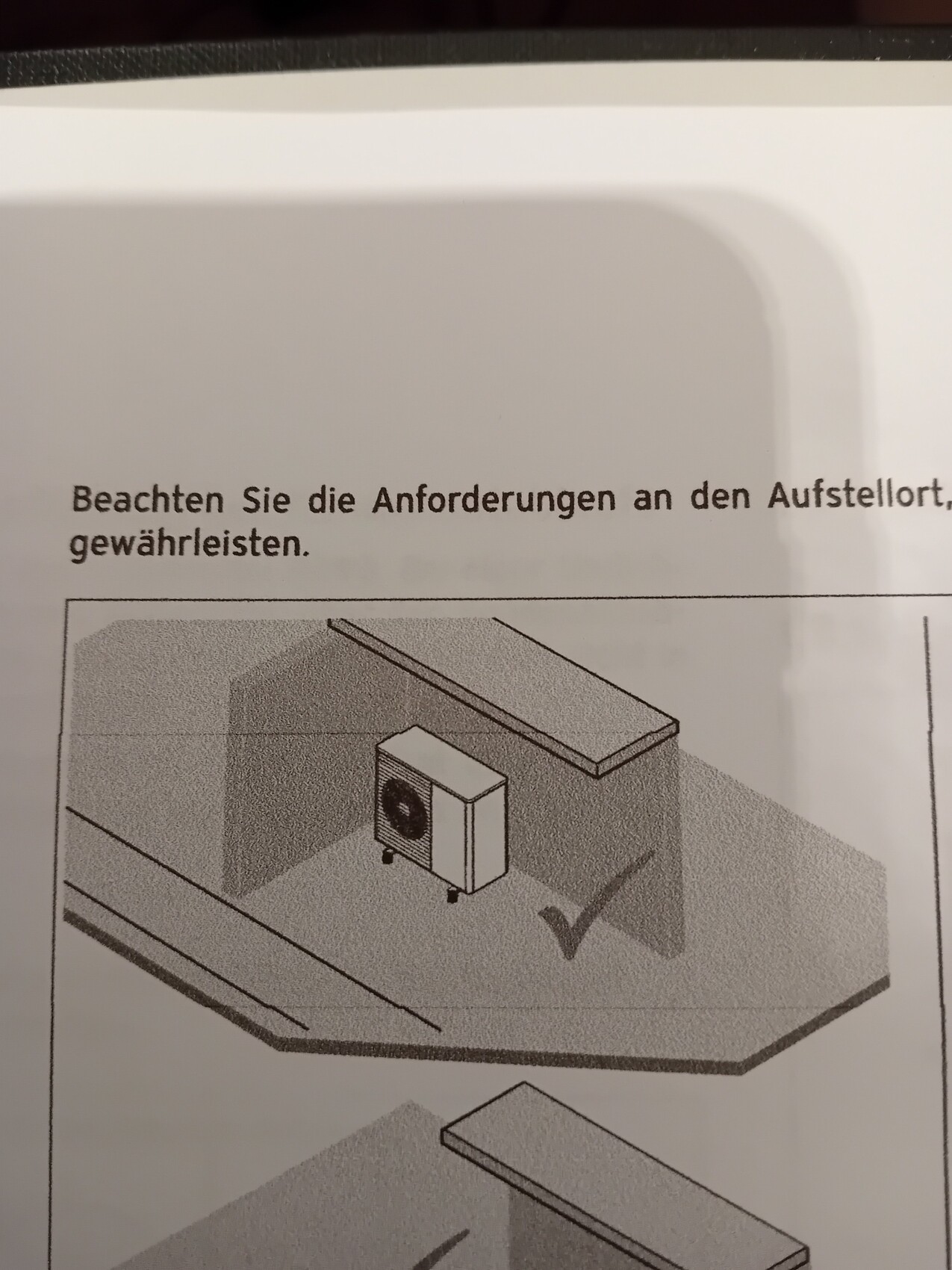 Isometrische Abbildung eines Außen-Klimageräts auf Montagesockel mit Markierung.