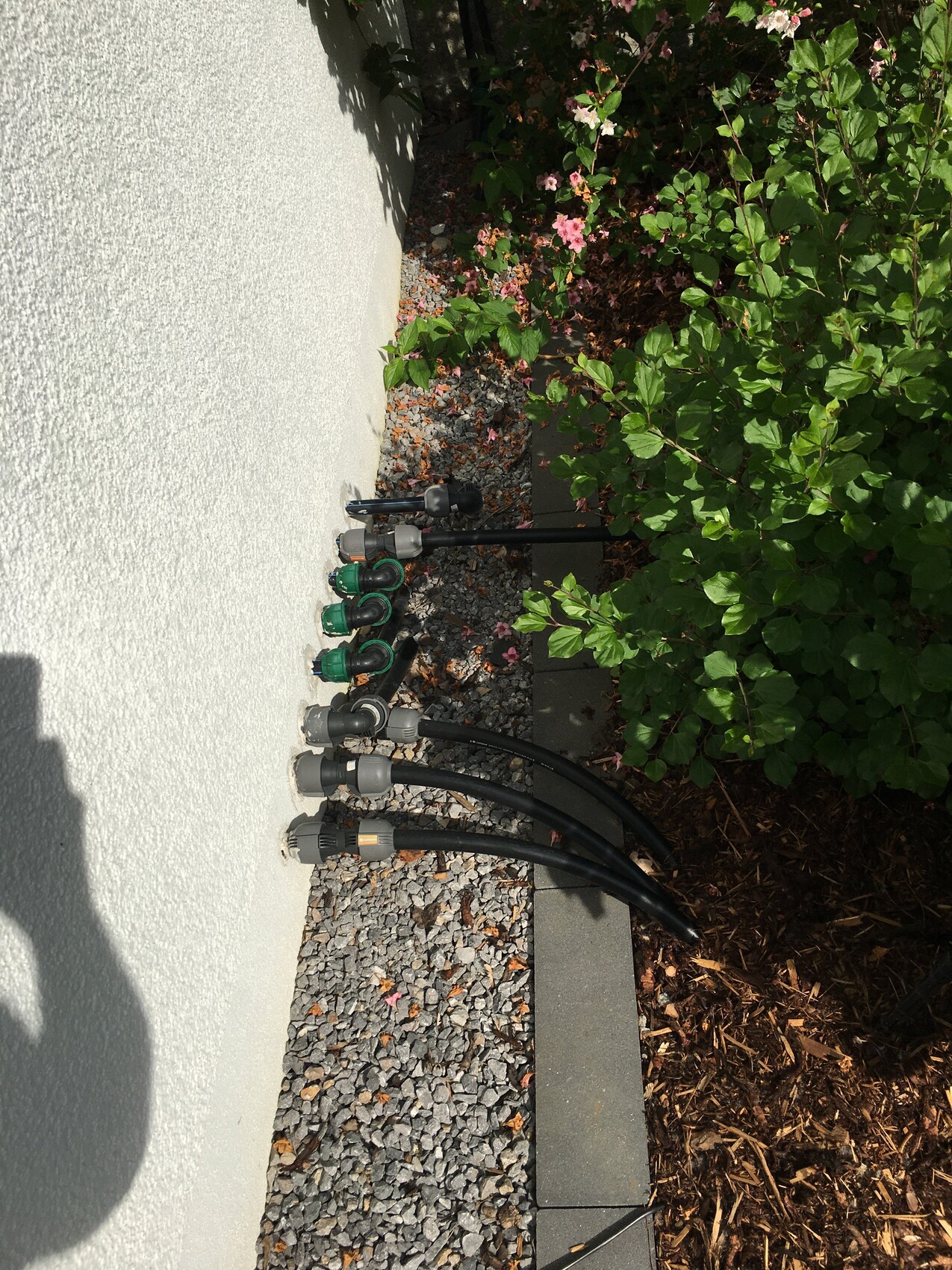 Gartenbewässerung: Mehrere Schläuche mit grünen Ventilen an weißer Wand, Kiesboden.