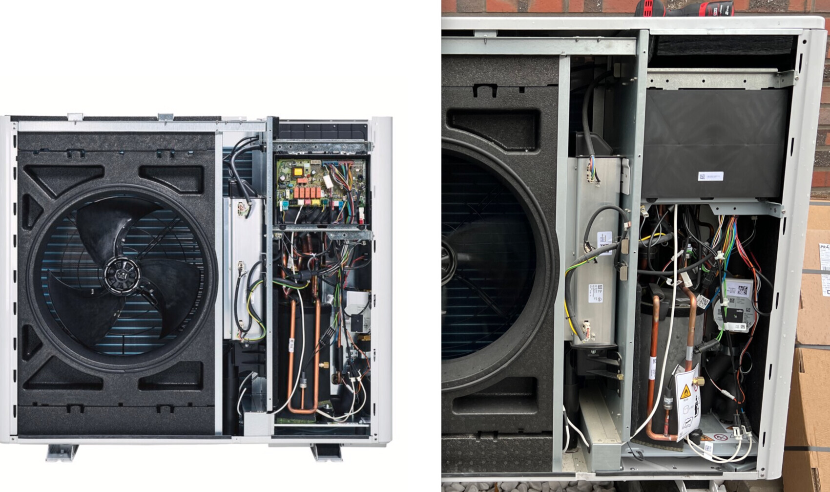Außeneinheit einer Klimaanlage mit großem Ventilator, Verkabelung und Kupferrohren.