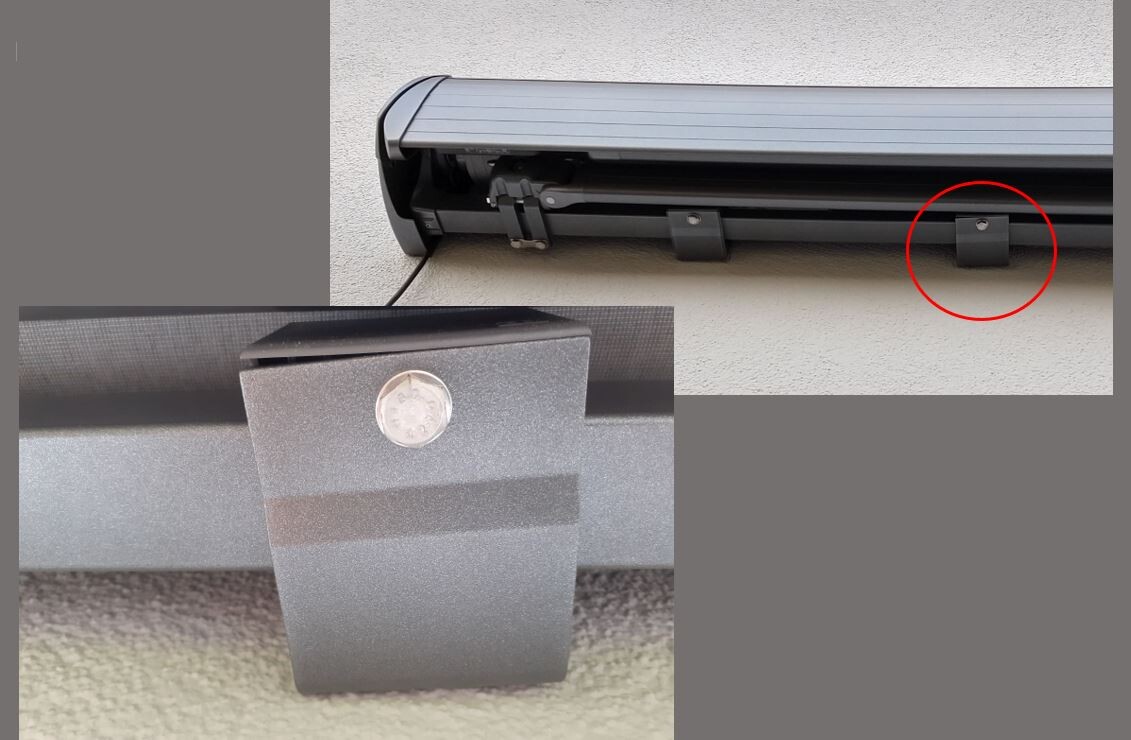 Zwei Detailaufnahmen eines Rollladen-Befestigungssystems: Halterung und Schraubbolzen