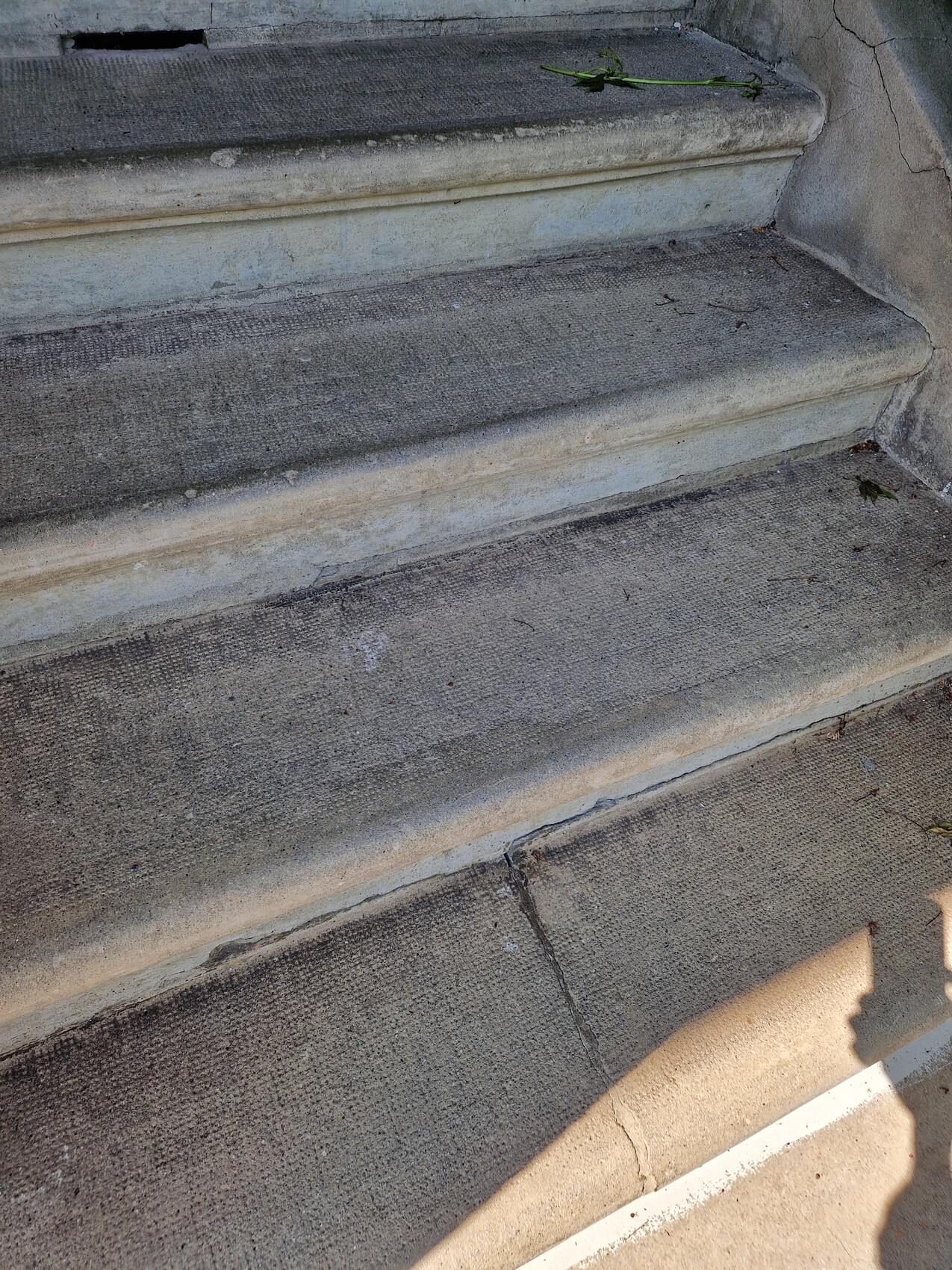 Außenstufen aus Beton mit Rissen und Verschmutzungen, Eingangstreppe.
