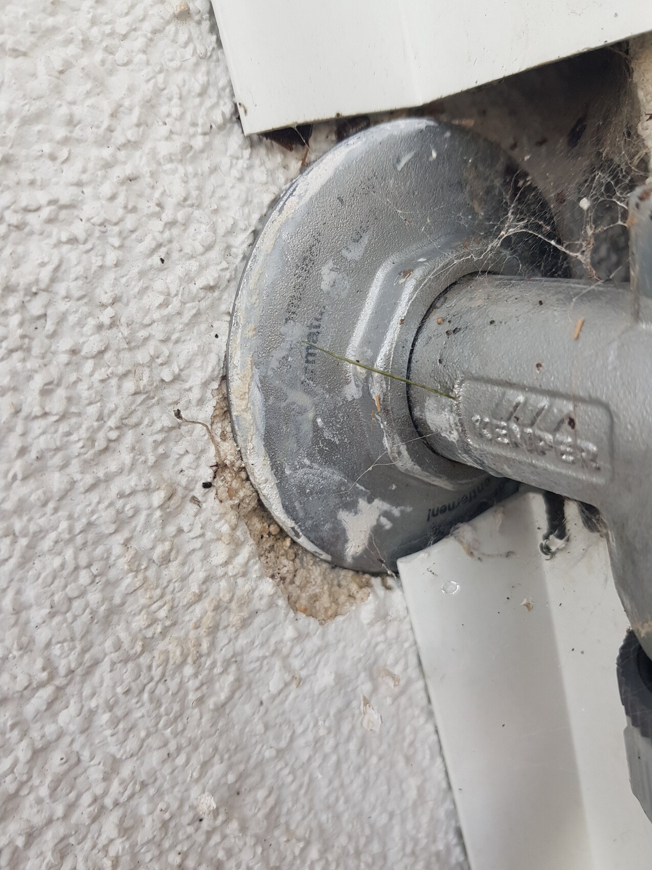 Runder Metallflansch mit Rohr an einer Aussenwand, von Spinnweben umgeben.
