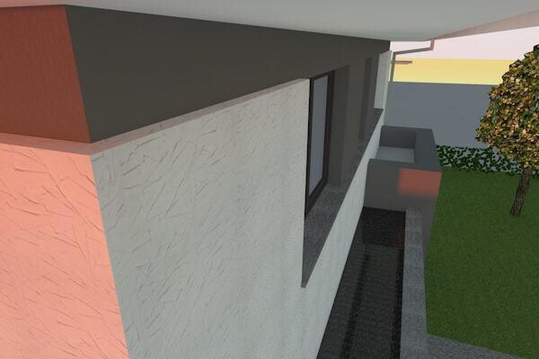 Außenansicht eines modernen 3D-Hauses mit Terrasse, Garten und Fensterfront.