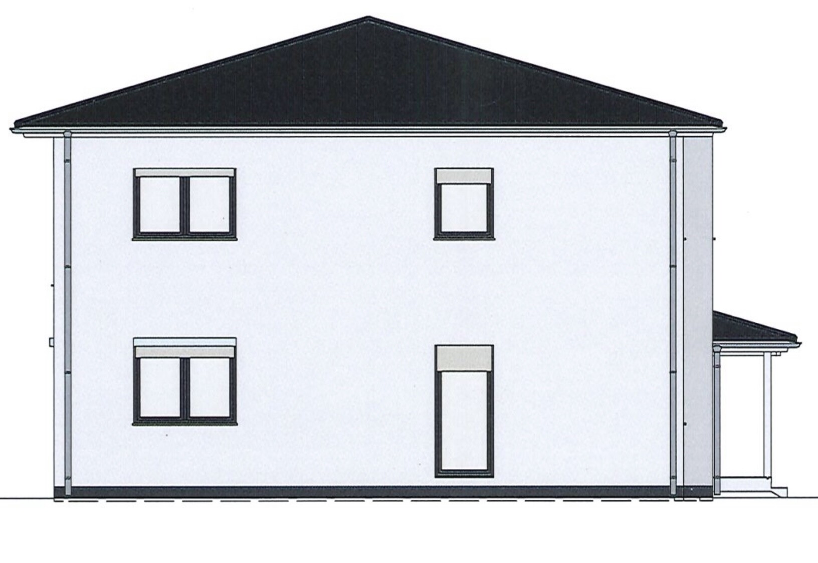 Zweistöckiges Haus mit weißer Fassade, dunklem Satteldach und mehreren Fenstern.