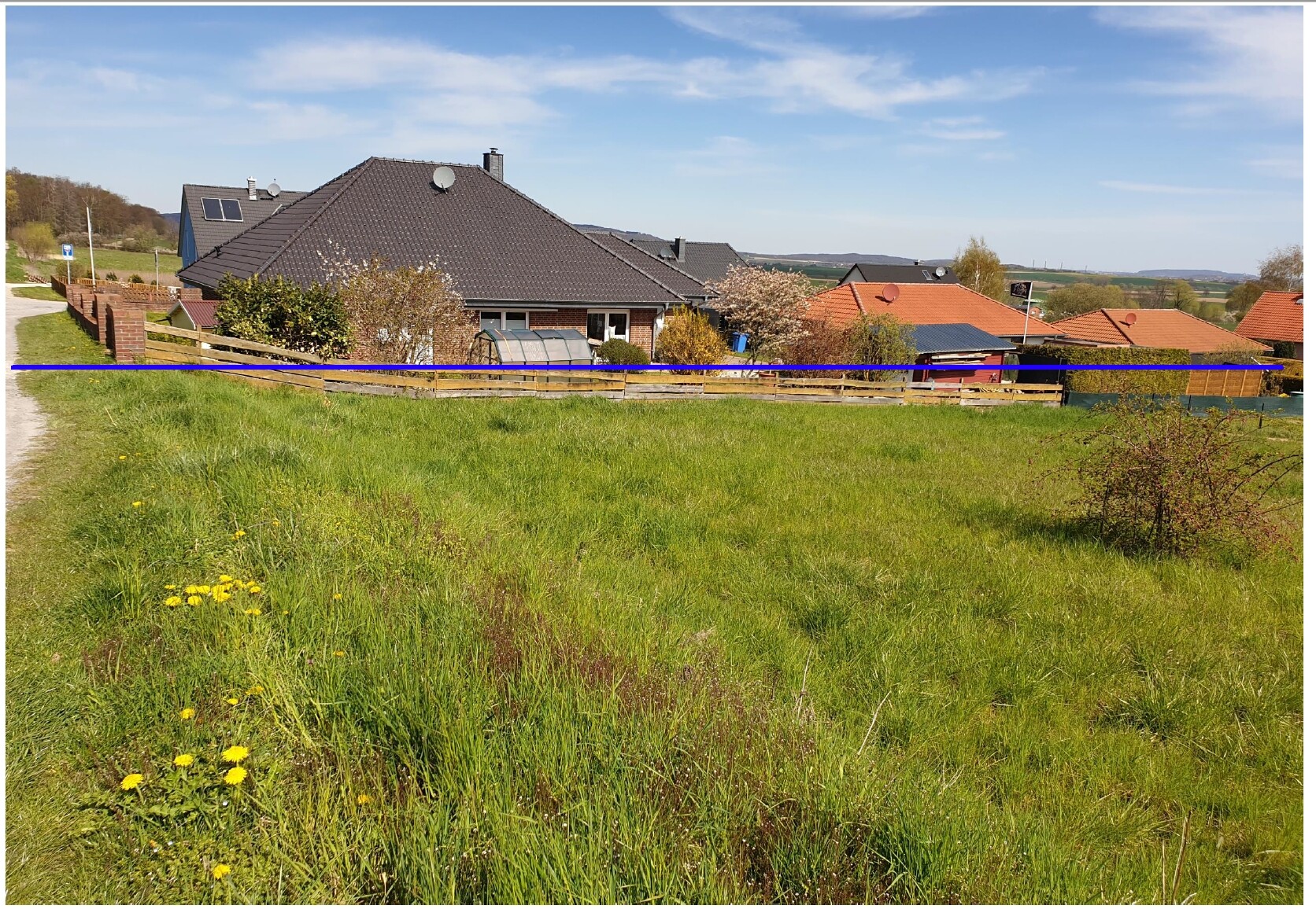 Grünes Grasfeld vor einer Wohnsiedlung; Häuser, Zaun, Bäume und blauer Himmel.