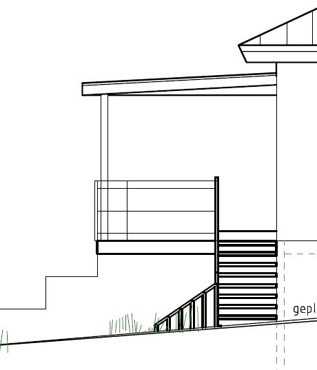 Architekturzeichnung eines modernen Hauses mit Treppe, Geländer und Terrasse am Hang.