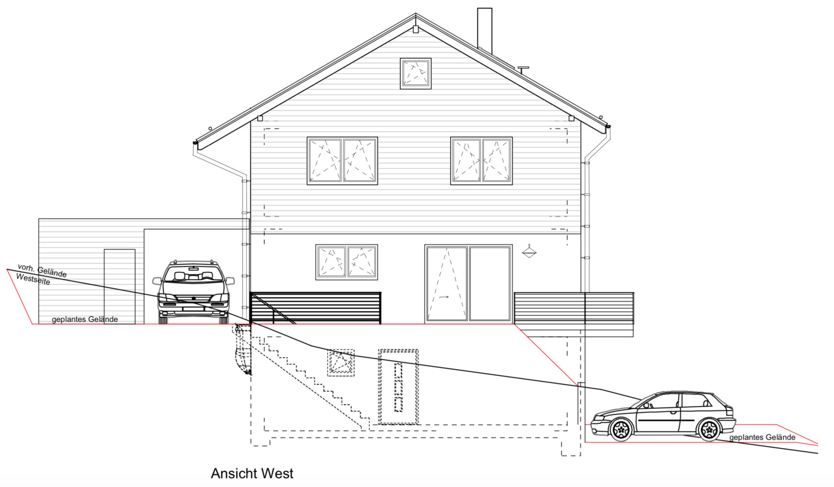 Westansicht eines zweigeschossigen Hauses mit Garage, Einfahrt und Geländeprofilen.