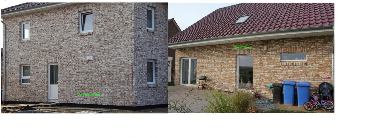 Zwei gemauerte Häuser: links unfertiges Gebäude, rechts fertiges Haus mit Mülltonnen und Spielzeug.