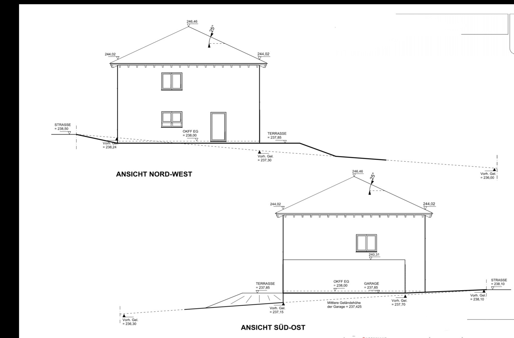 Zwei Fassadenansichten eines Hauses: Nord-West und Süd-Ost mit Dach, Fenstern, Terrasse und Garage.