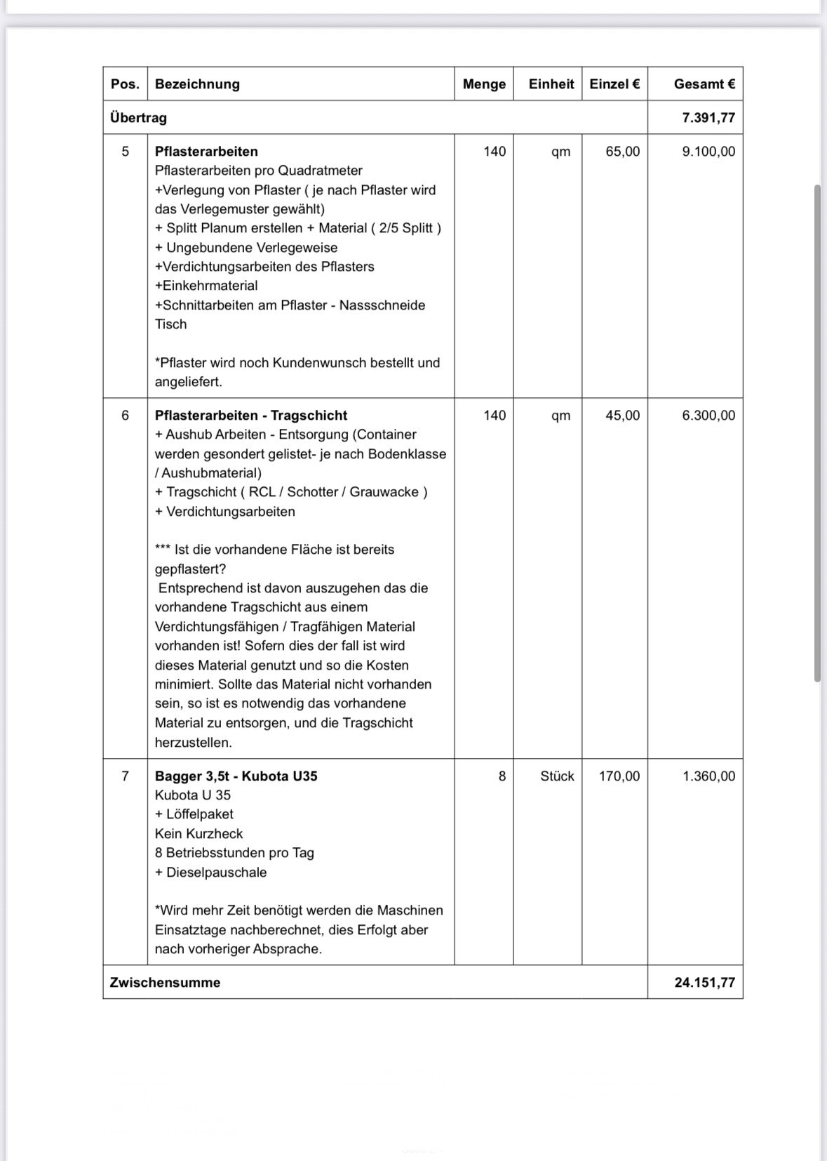 Kostenaufstellung in Tabellenform mit Pflasterarbeiten, Tragschicht und Bagger.