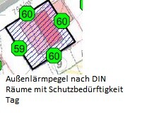 Draufsicht eines Gebäudeteils mit gruenen 60er Kreisen und Textangaben zum Aussenlaermpegel nach DIN