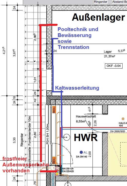 Technischer Grundriss: Außenlager, HWR, Kaltwasserleitung, Pooltechnik; frostfreier Außenhahn.