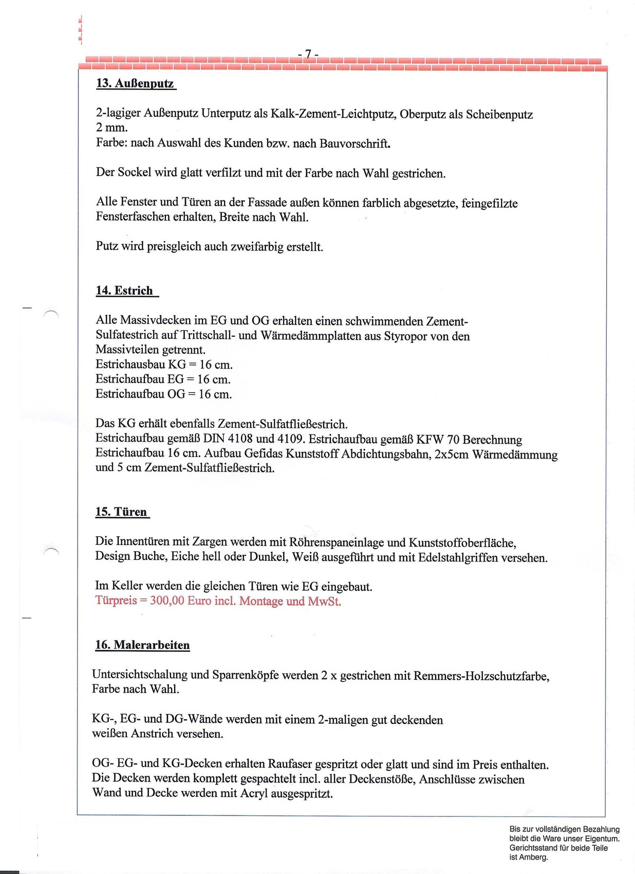 Dokumentenseite mit Anweisungen zu Außenputz, Estrich und Türen im Bauplan