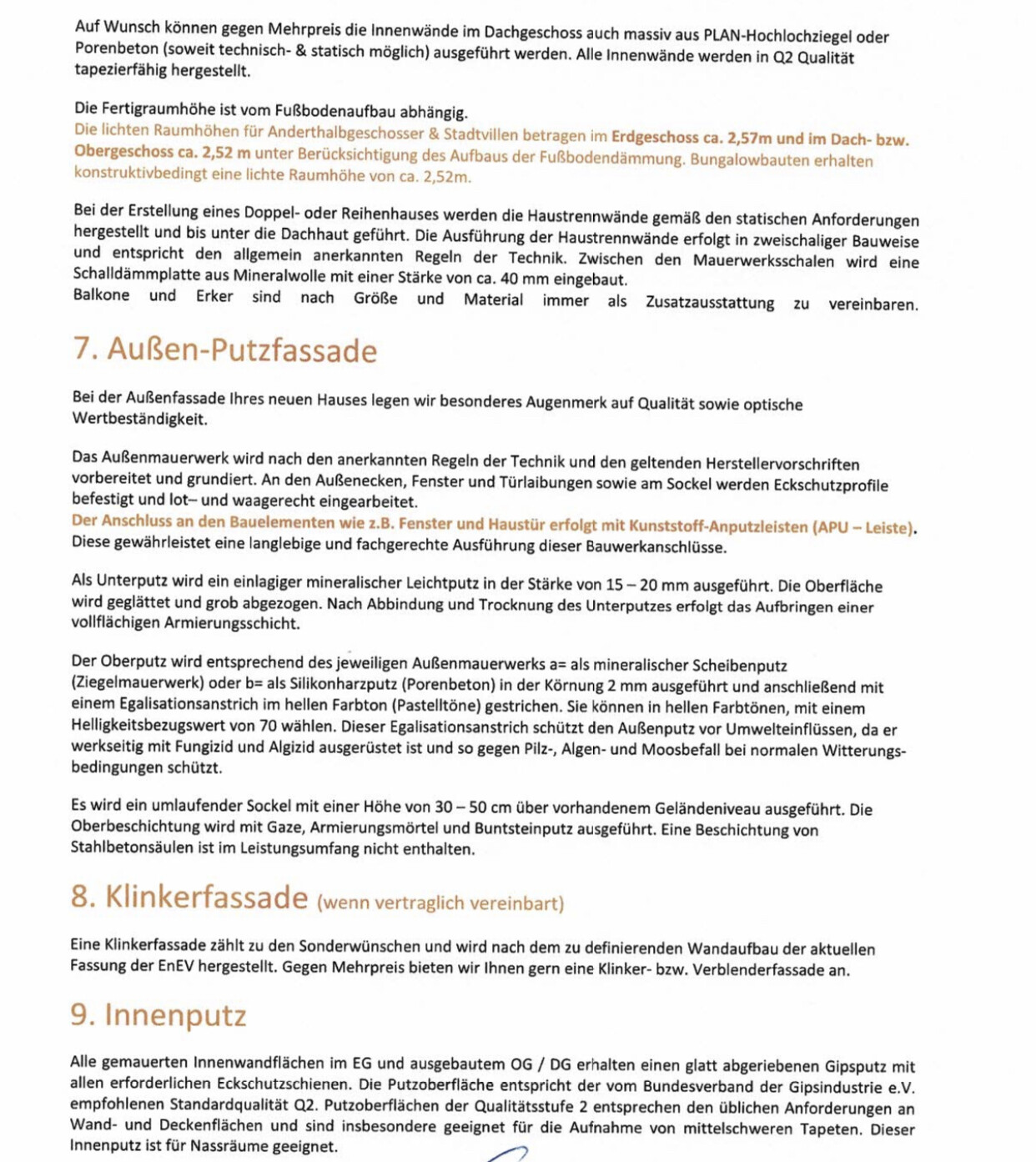 Seitenansicht eines Bauhandbuchs mit Abschnitten 7 Außenputzfassade, 8 Klinkerfassade und 9 Innenputz.